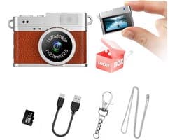 Digitale Camera - 1080P Mini Digitale Camera - Pocket Camera met 0.96" Scherm - Retro Filters - Inclusief 32GB Kaart & OTG Adapter - Draagbare Sleutelhanger Video Camera - Cadeau voor Kinderen & Volwassenen - bruin