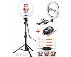 Selfie LED Ring Lamp 33Cm + Tripod Stand 210CM hoog Inclusief Bluetooth afstandsbediening en Telefoonhouder Selfie - lamp - Ringlamp - Statief - Tik tok - flitser – Make up light – Studiolamp – Ring Light van HiCHiCO®