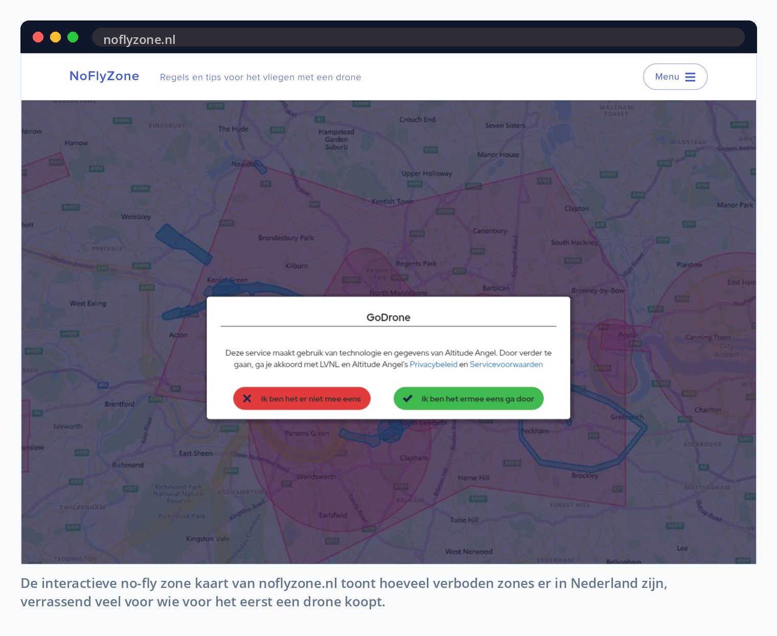 De interactieve no-fly zone kaart van noflyzone.nl toont hoeveel verboden zones er in Nederland zijn, verrassend veel voor wie voor het eerst een drone koopt.