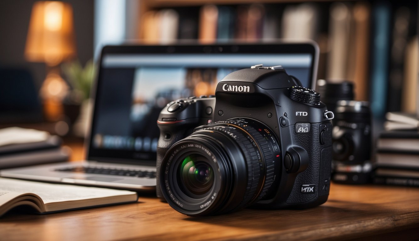 A camera on a tripod with a laptop displaying photo editing software, surrounded by photography books and a notepad with beginner tips