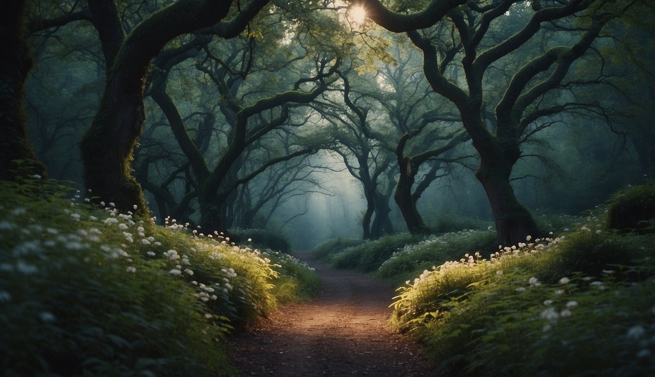 A mysterious forest with twisting trees, hidden pathways, and glowing flowers. A sense of enchantment and wonder fills the air