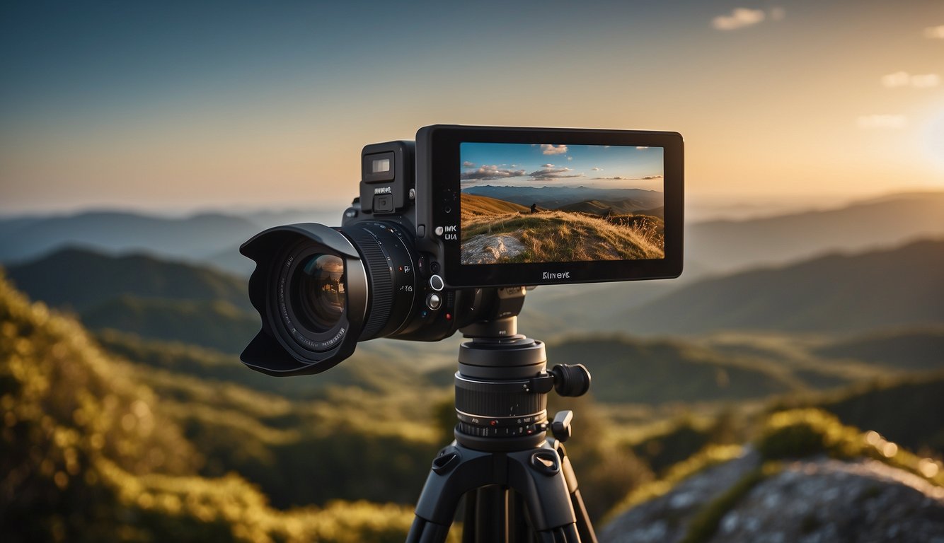 A camera on a tripod, with a lens pointed at a landscape. Various camera settings displayed on a screen or dial
