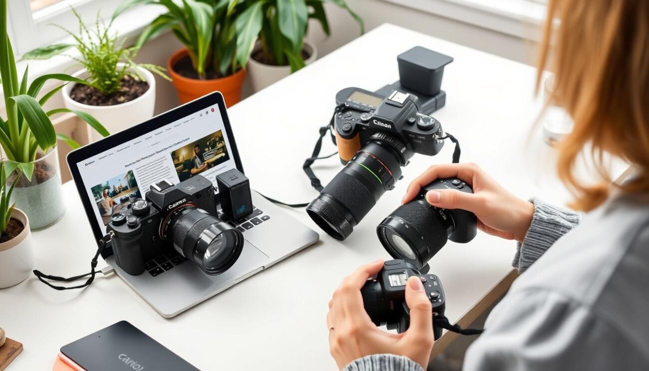 Blogger die verschillende camera's test voor het maken van content