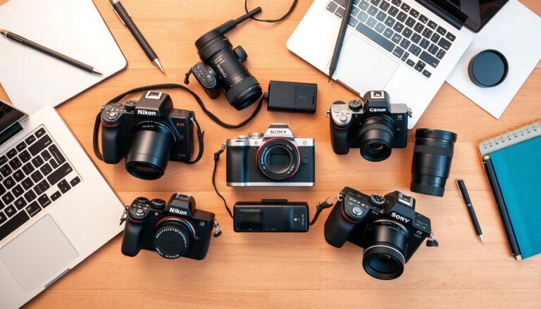 Verschillende camera's voor bloggers op een tafel met laptop en blogaccessoires